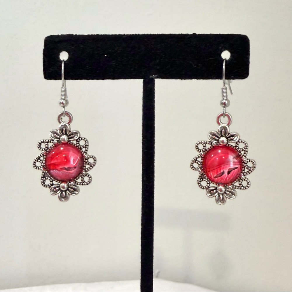 Silver Floral Trim Acrylic Paint Pour Earrings